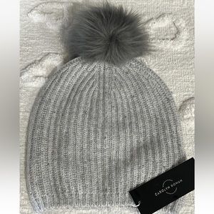 Carolyn Rowan Silver Crystal Faux Fur Pom-Pom Knit Beanie